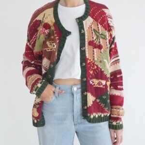 Vintage Tiara Red Green Patch Cherry Hearts Floral Knit Button Cardigan M